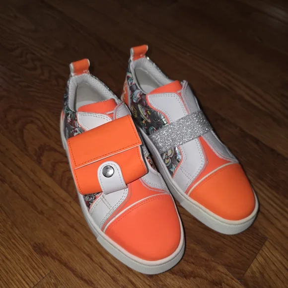 Christian Louboutin Kids' Orange and White Sneakers with Silver Accents - Picture 1 of 10